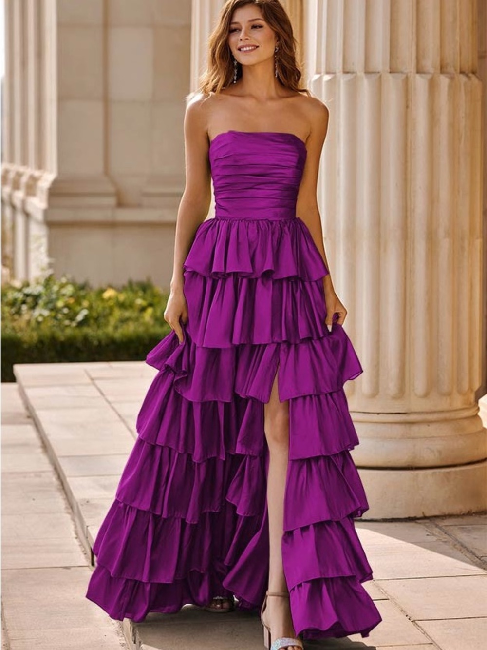 Strapless Tiered Ruffle Evening Dress in Purple